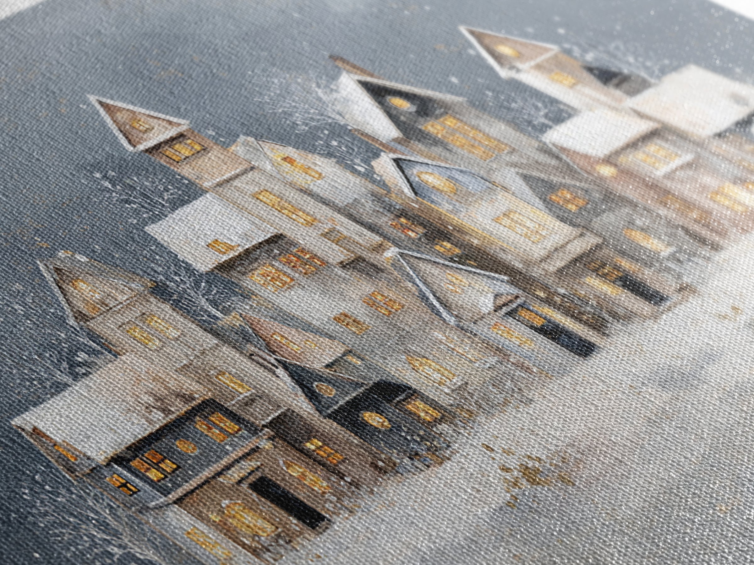 Snowy Village with Warm Glowing Windows Framed Canvas Print, Impressionist Art, Art Print, Living Room Decor, Impression, IMP-2x1-33