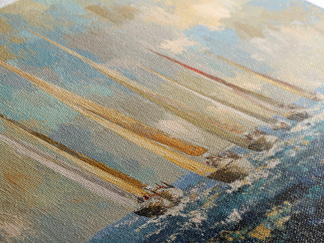 Sailboats on a Bright Sparkling Harbor Canvas Print, Impressionist Art, Landscape Art, Living Room Decor, Abstract Art, IMP-3x1-49