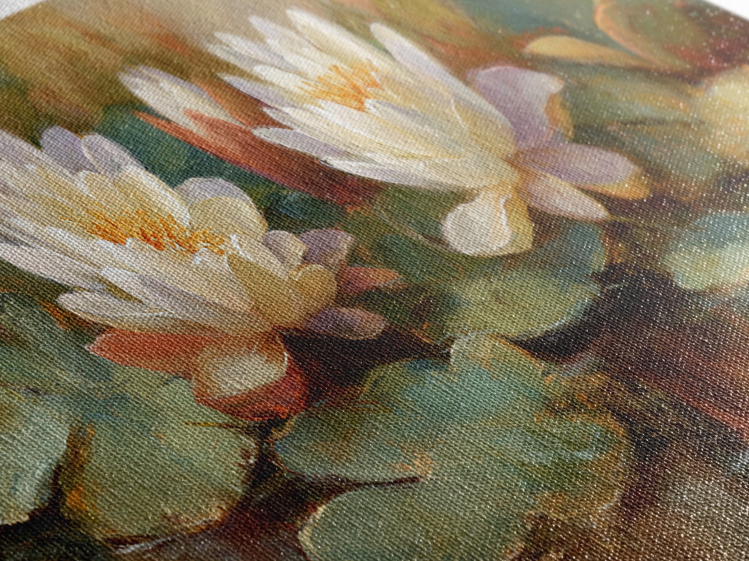 Water Lilies Floating on a Sunlit Pond Framed Canvas Print, Impressionist Art, Boho Decor, Living Room Decor, Oil Painting, IMP-3x1-89
