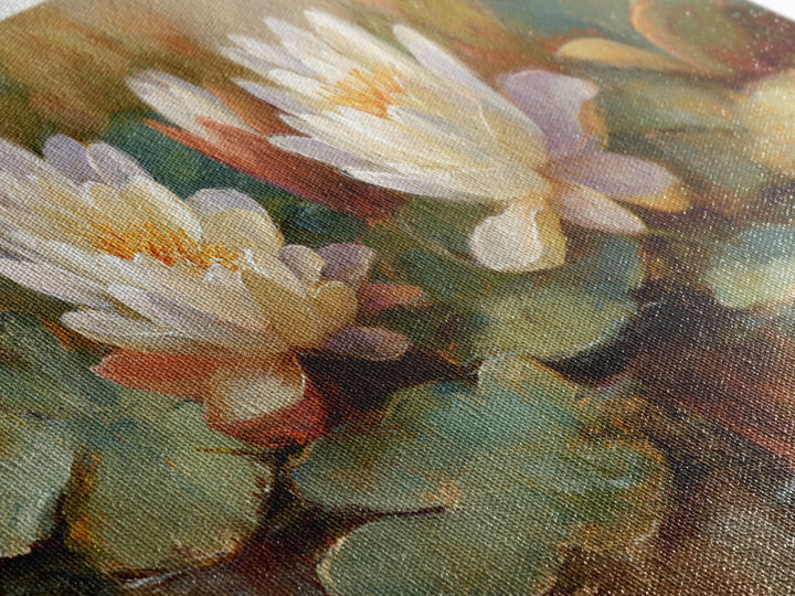 Water Lilies Floating on a Sunlit Pond Framed Canvas Print, Impressionist Art, Boho Decor, Living Room Decor, Oil Painting, IMP-3x1-89