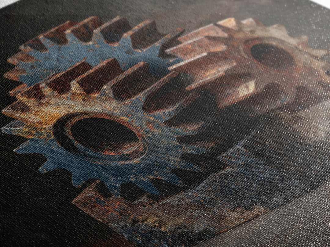 Rusted Gears Arranged as Sculptural Still Life Framed Canvas Print, Industrial Art, Room Decor, Living Room Decor, Foundry, IND-1x1-1