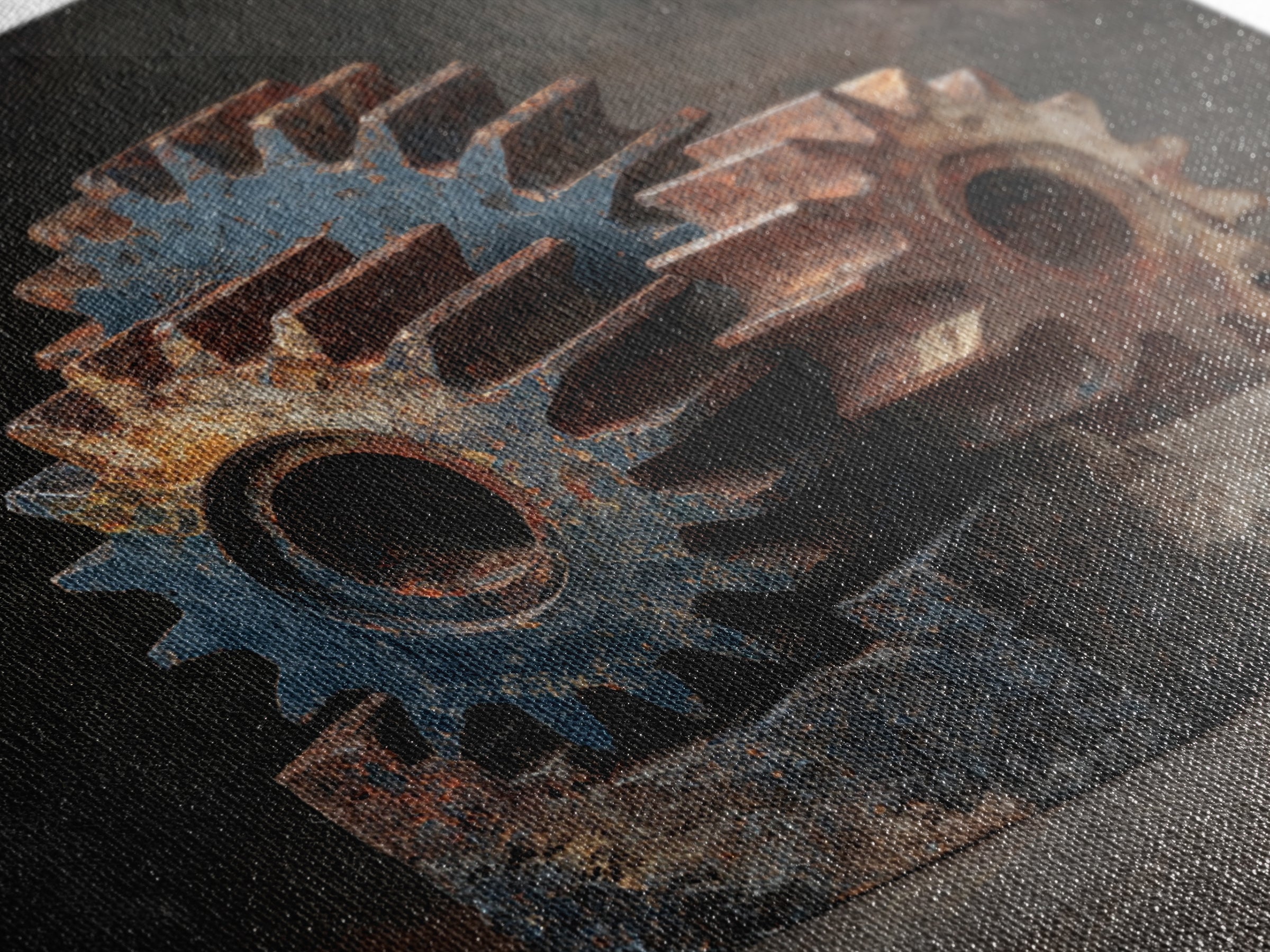 Rusted Gears Arranged as Sculptural Still Life Framed Canvas Print, Industrial Art, Room Decor, Living Room Decor, Foundry, IND-1x1-1