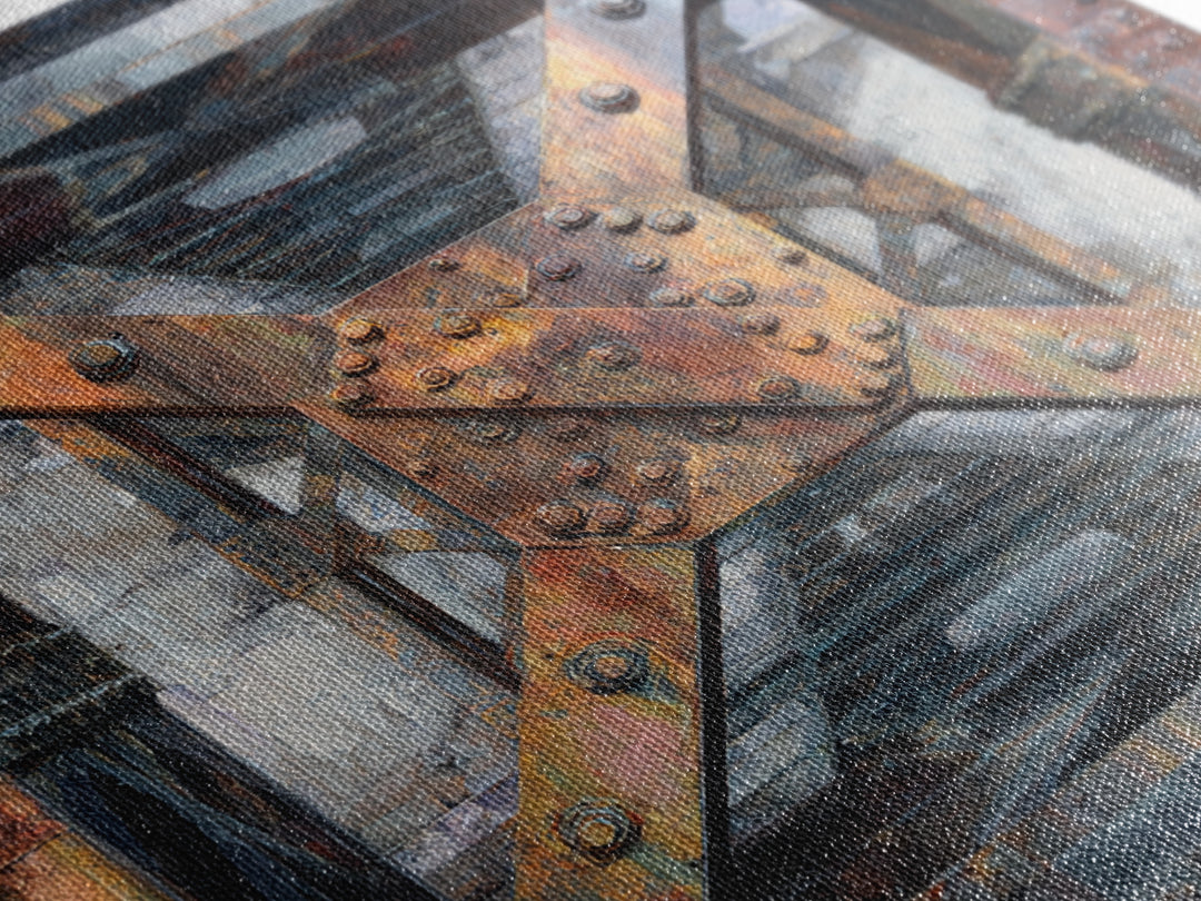 Steel Bridge Truss Framed Canvas Print, Industrial Art, Abstract Painting, Living Room Decor, Fine Art, Foundry, Neutral Decor, IND-1x1-27