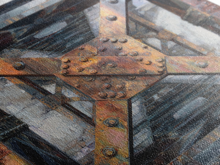 Steel Bridge Truss Framed Canvas Print, Industrial Art, Abstract Painting, Living Room Decor, Fine Art, Foundry, Neutral Decor, IND-1x1-27