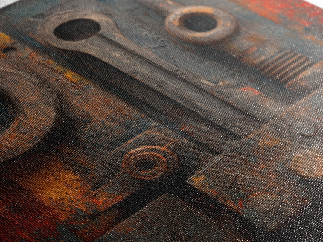 Brass Gauge and Machinery Still Life Framed Canvas Print, Industrial Art, Minimalist Decor, Living Room Decor, Oil Painting, IND-1x1-61