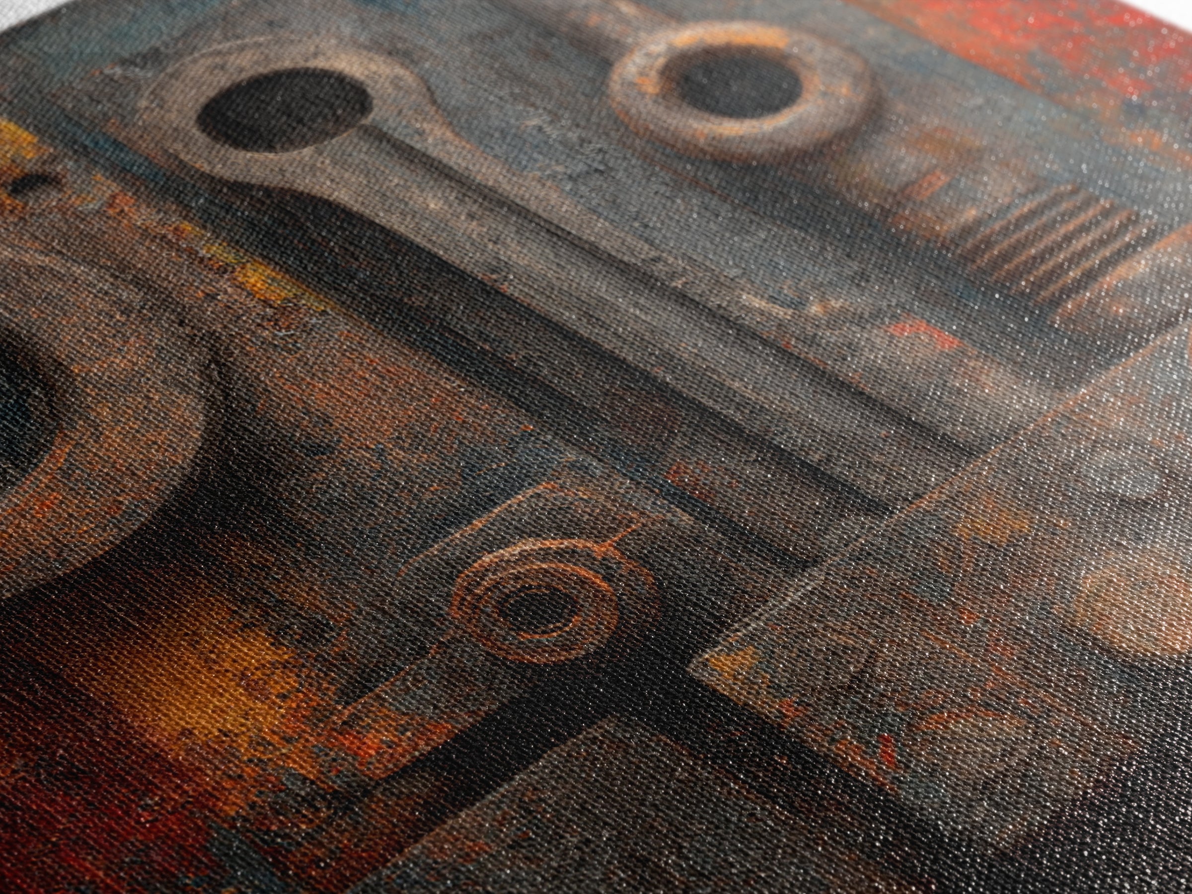 Brass Gauge and Machinery Still Life Framed Canvas Print, Industrial Art, Minimalist Decor, Living Room Decor, Oil Painting, IND-1x1-61