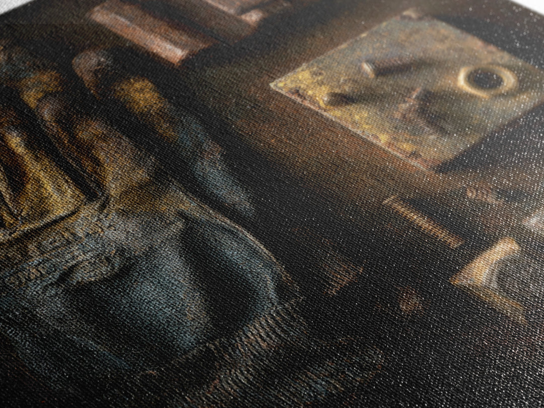 Worn Work Gloves and Bolts Arrangement Framed Canvas Print, Industrial Art, Texas Art, Living Room Decor, Abstract Art, Foundry, IND-1x1-66