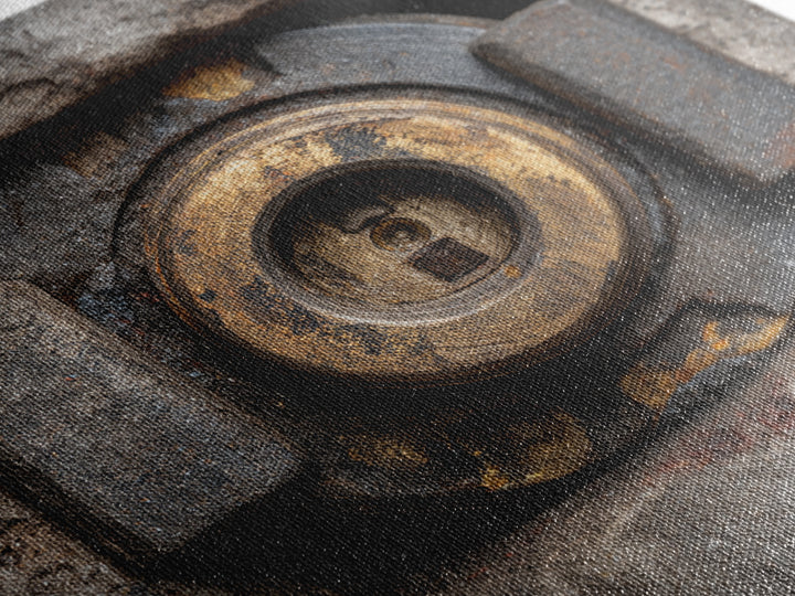 Steam Locomotive Wheel Closeup Framed Canvas Print, Industrial Art, Room Decor, Living Room Decor, Fine Art, Foundry, IND-1x1-78