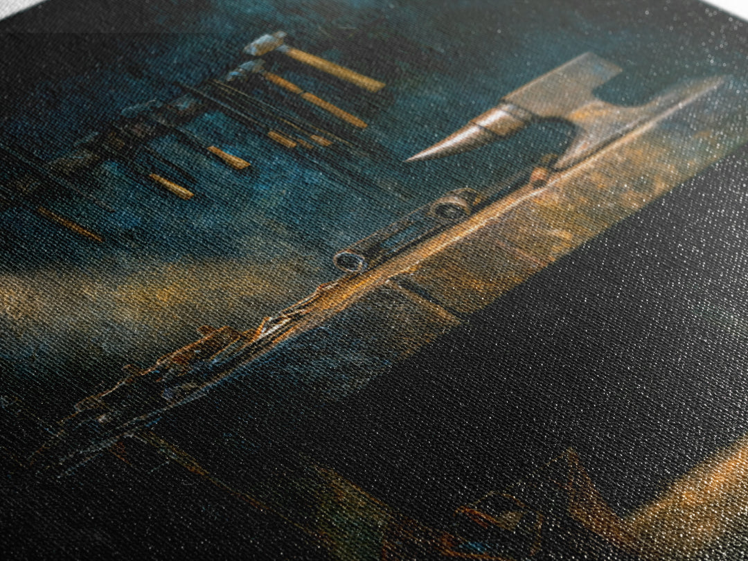 Blacksmith Tools on Dark Workbench Canvas Print, Industrial Art, Textured Painting, Living Room Decor, Oil Painting, Foundry, IND-1x1-82