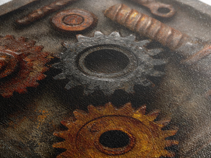 Rusted Gears Arranged as Sculptural Still Life Canvas Print, Industrial Art, Abstract Art, Living Room Decor, Oil Painting, IND-1x1-97