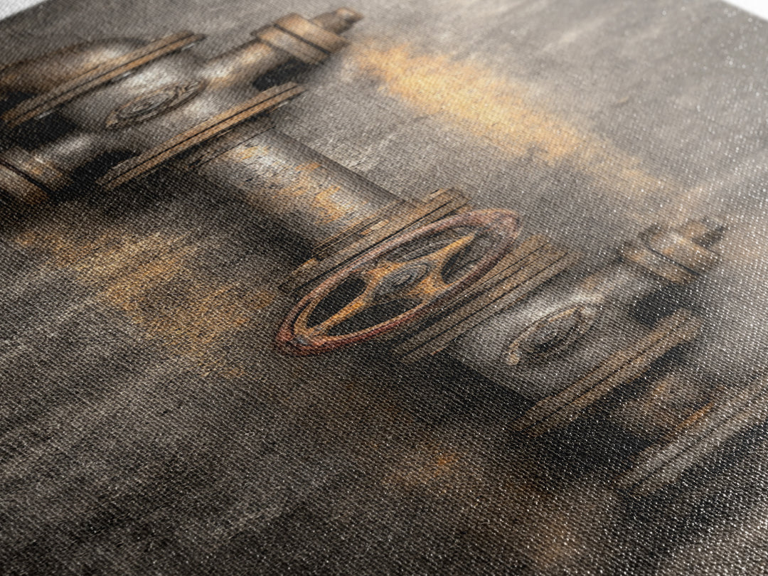 Metal Pipes and Valves as Graphic Composition Canvas Print, Industrial Art, Abstract Wall Art, Living Room Decor, Foundry, IND-1x3-44