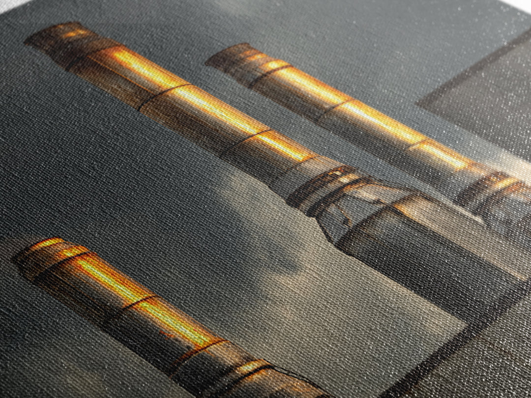 Factory Smokestacks with Moody Sky Canvas Print, Industrial Art, Abstract Art, Living Room Decor, Foundry, Bauhaus Poster, IND-2x1-31