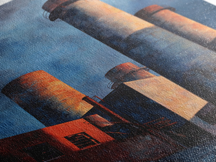 Factory Smokestacks with Moody Sky Framed Canvas Print, Industrial Art, Large Art, Living Room Decor, Fine Art, Foundry, IND-2x3-43