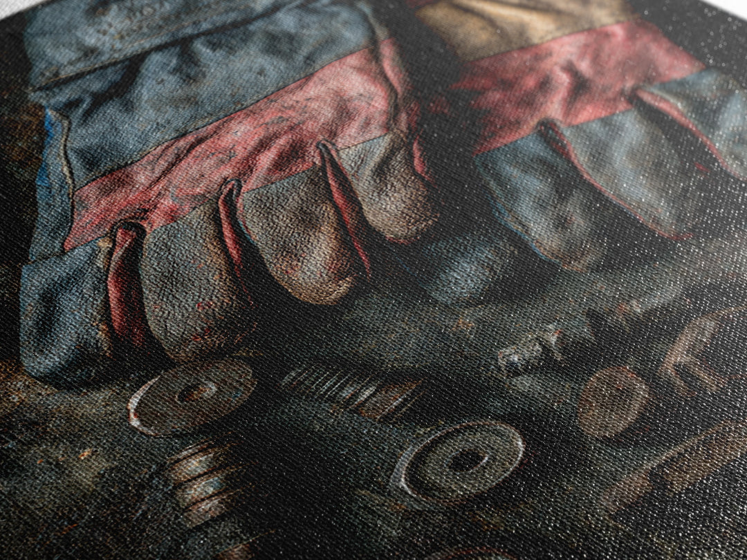 Worn Work Gloves and Bolts Arrangement Canvas Print, Industrial Art, Textured Wall Art, Living Room Decor, Foundry, IND-2x3-74