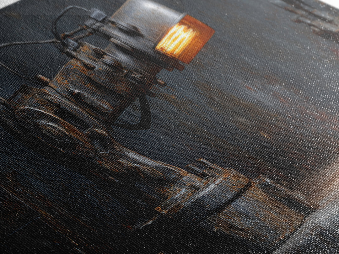 Industrial Lamp with Warm Glow Framed Canvas Print, Industrial Art, Textured Wall Art, Living Room Decor, Fine Art, Foundry, IND-3x1-87