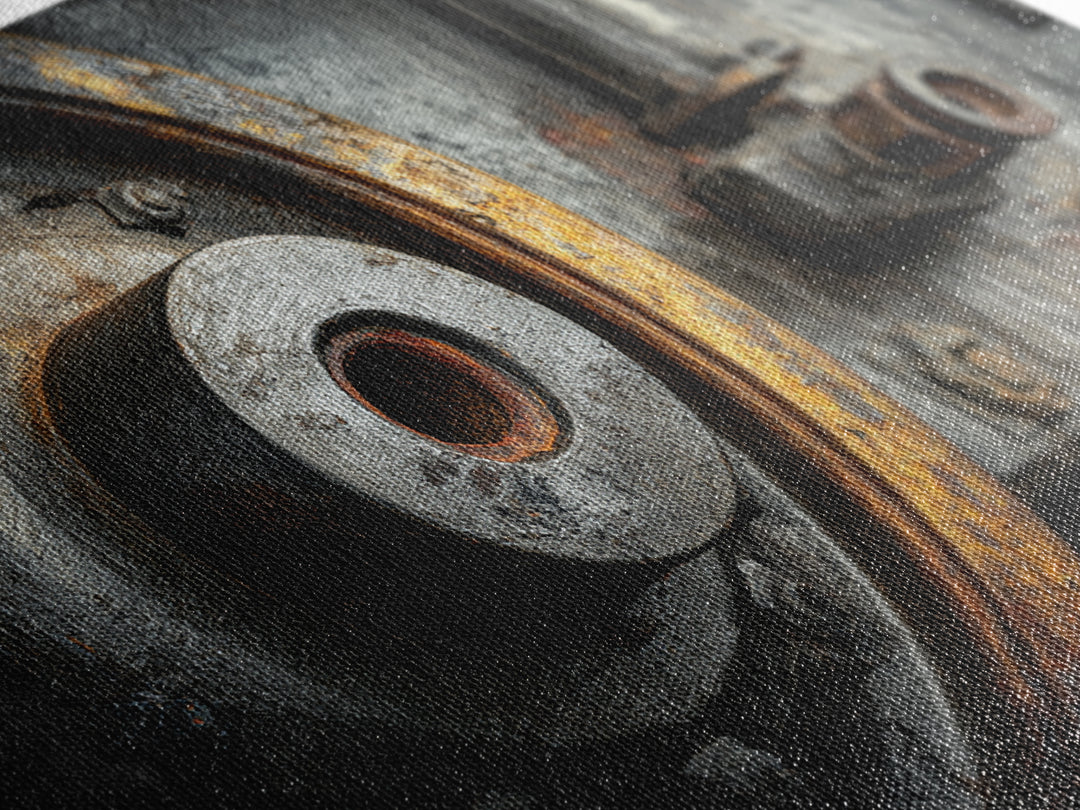 Steam Locomotive Wheel Closeup Framed Canvas Print, Industrial Art, Living Room Art, Living Room Decor, Fine Art, Foundry, IND-3x2-10