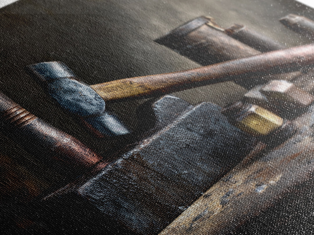 Blacksmith Tools on Dark Workbench Framed Canvas Print, Industrial Art, Metal Art, Living Room Decor, Fine Art, Foundry, IND-3x2-14
