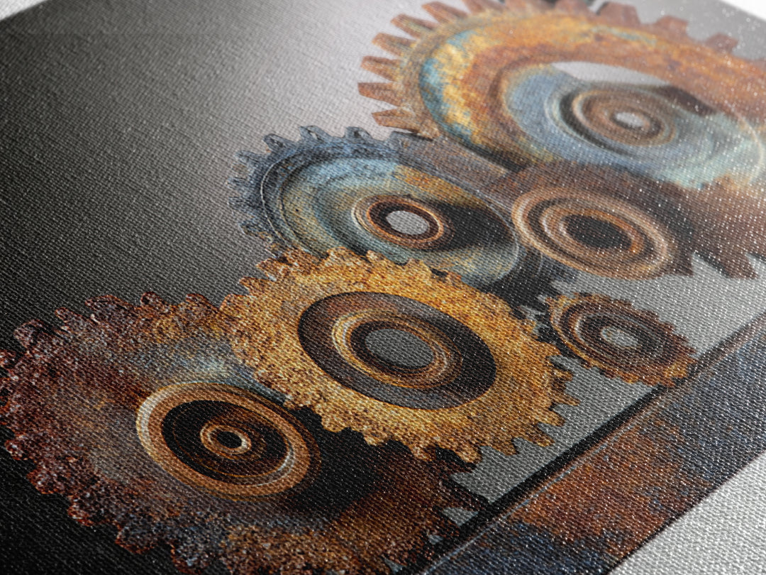 Rusted Gears Arranged as Sculptural Still Life Framed Canvas Print, Industrial Art, Wall Decor, Living Room Decor, Foundry, IND-3x2-77