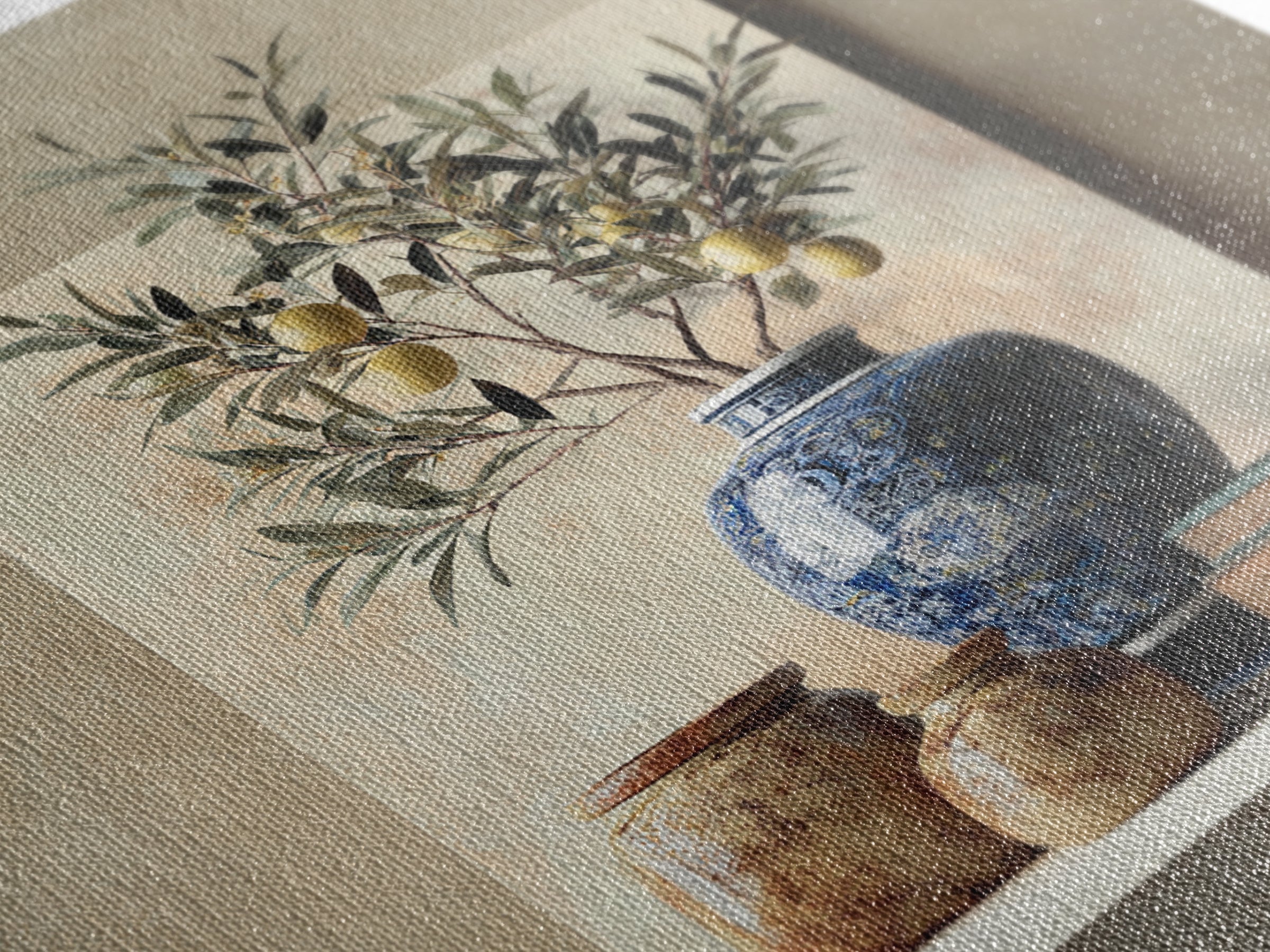 Lemon Branch in Blue Ceramic Vase Framed Canvas Print, Italian Villa Art, Bedroom Wall Art, Living Room Decor, Oil Painting, IVA-1x1-2