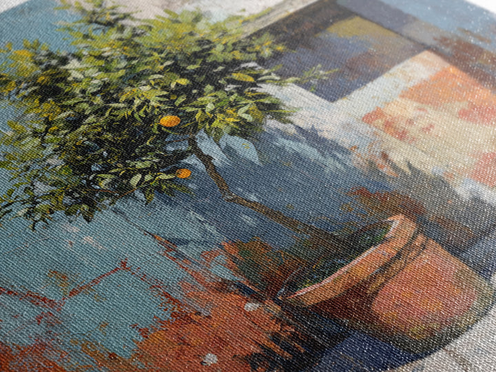 Orange Tree in a Courtyard Planter Framed Canvas Print, Italian Villa Art, Digital Download Art, Living Room Decor, Villa, IVA-1x1-62