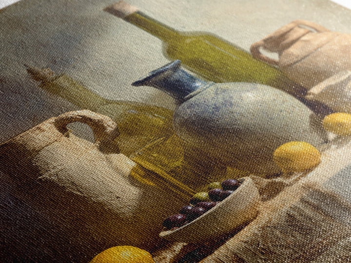 White Wine and Olives Still Life Framed Canvas Print, Italian Villa Art, Farmhouse Wall Art, Living Room Decor, Fine Art, Villa, IVA-1x1-64