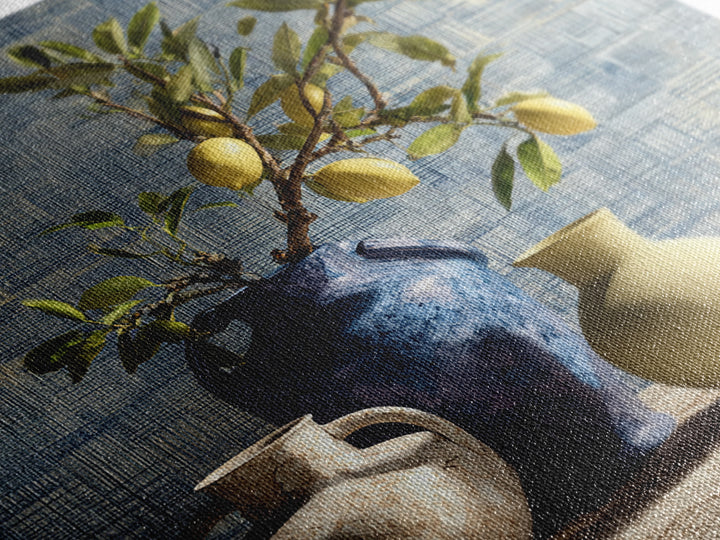 Lemon Branch in Blue Ceramic Vase Framed Canvas Print, Italian Villa Art, Gallery Wall Set, Living Room Decor, Watercolor Art, IVA-1x1-74