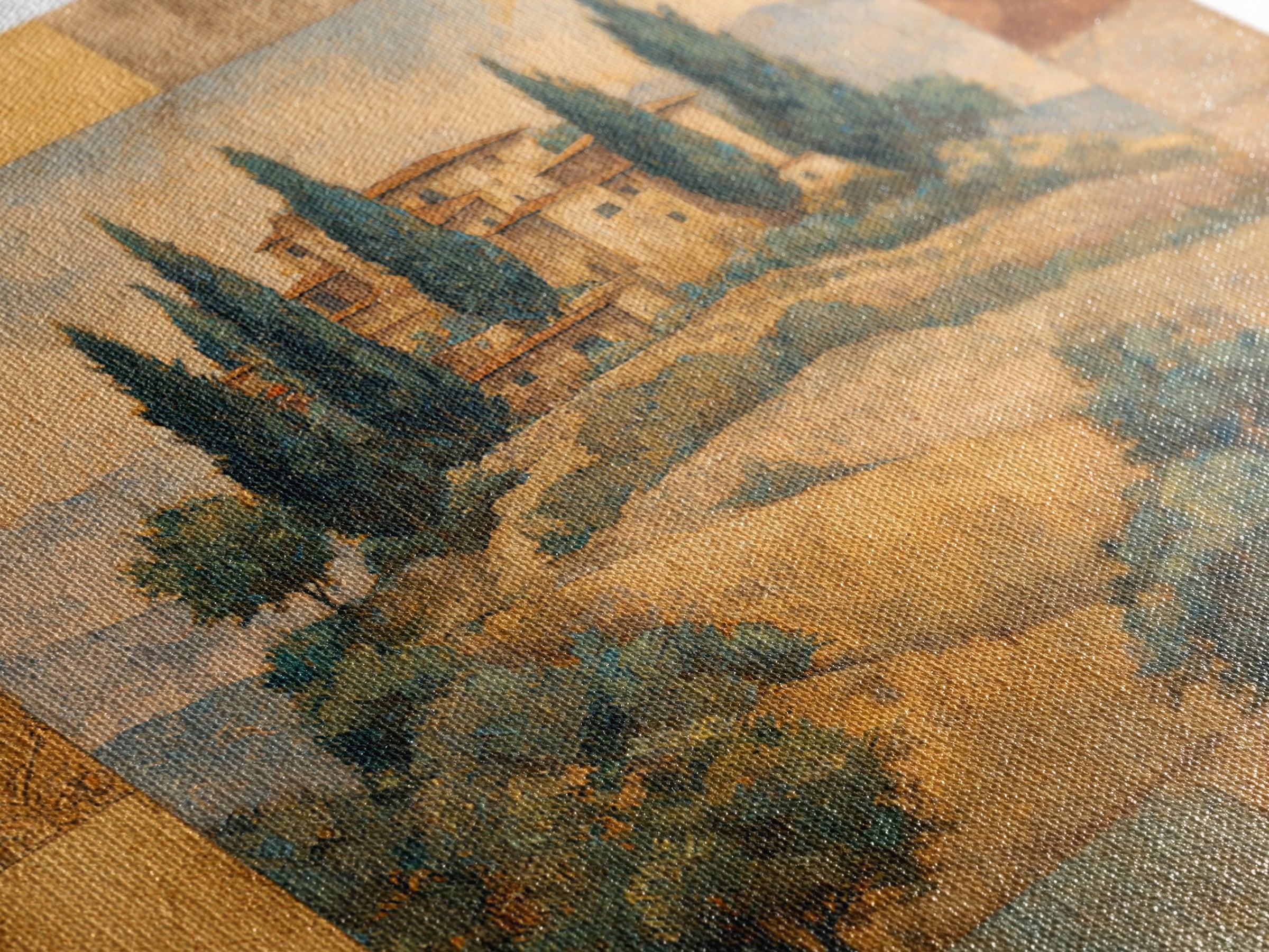 Tuscan Hillside with Cypress Trees and Golden Canvas Print, Italian Villa Art, Living Room Decor, Oil Painting, Villa, IVA-1x1-97
