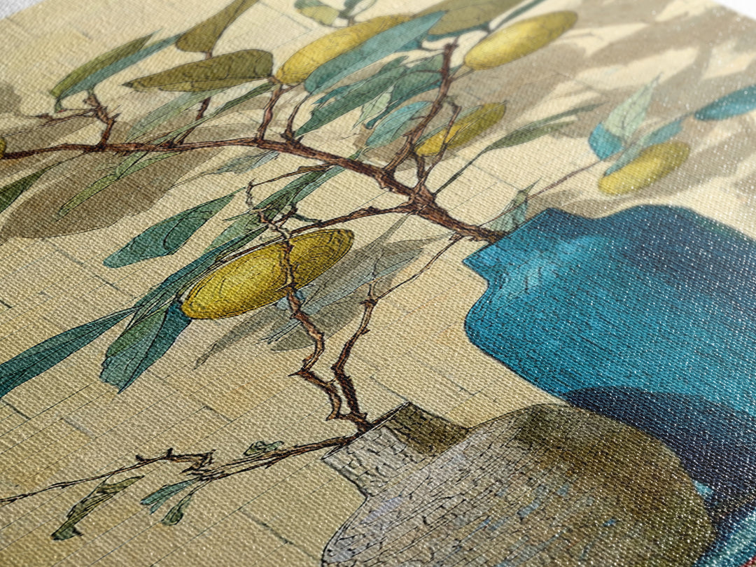 Lemon Branch in Blue Ceramic Vase Canvas Print, Italian Villa Art, Gallery Wall, Living Room Decor, Fine Art, Villa, Home Decor, IVA-1x3-14