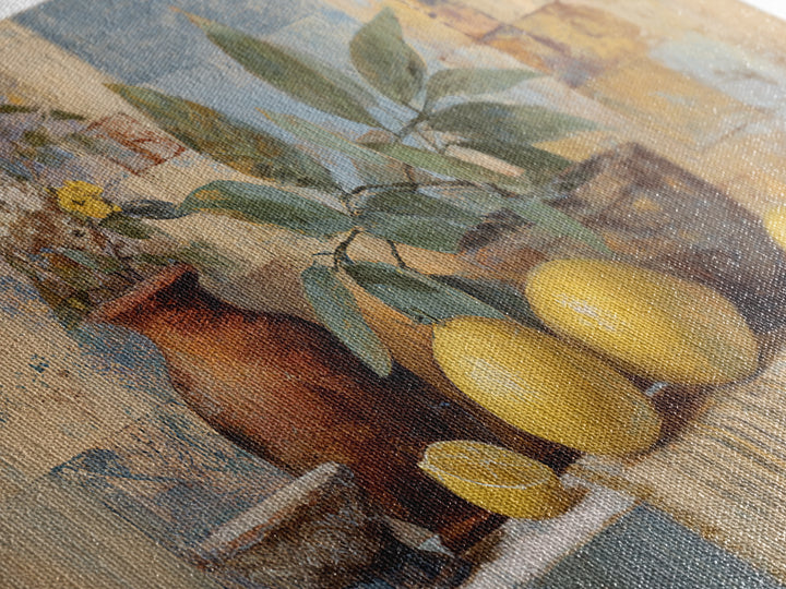 Coastal Lemons and Striped Cloth Arrangement Canvas Print, Italian Villa Art, Bedroom Wall Decor, Living Room Decor, Villa, IVA-2x1-92