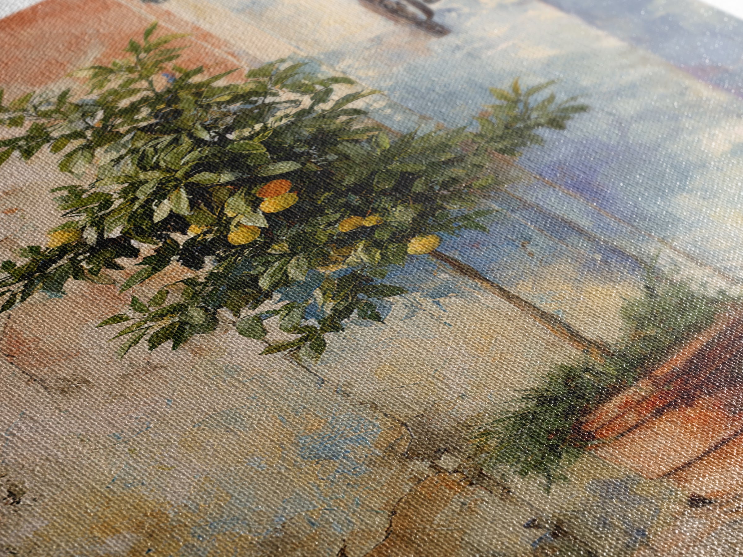 Orange Tree in a Courtyard Planter Framed Canvas Print, Italian Villa Art, Home Decor, Living Room Decor, Fine Art, Villa, IVA-2x3-46