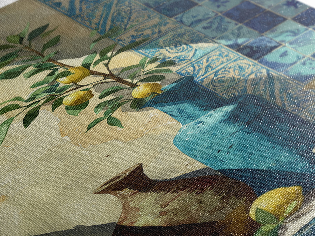 Lemon Branch in Blue Ceramic Vase Canvas Print, Italian Villa Art, Luxury Decor, Living Room Decor, Villa, Framed Wall Art, IVA-2x3-58