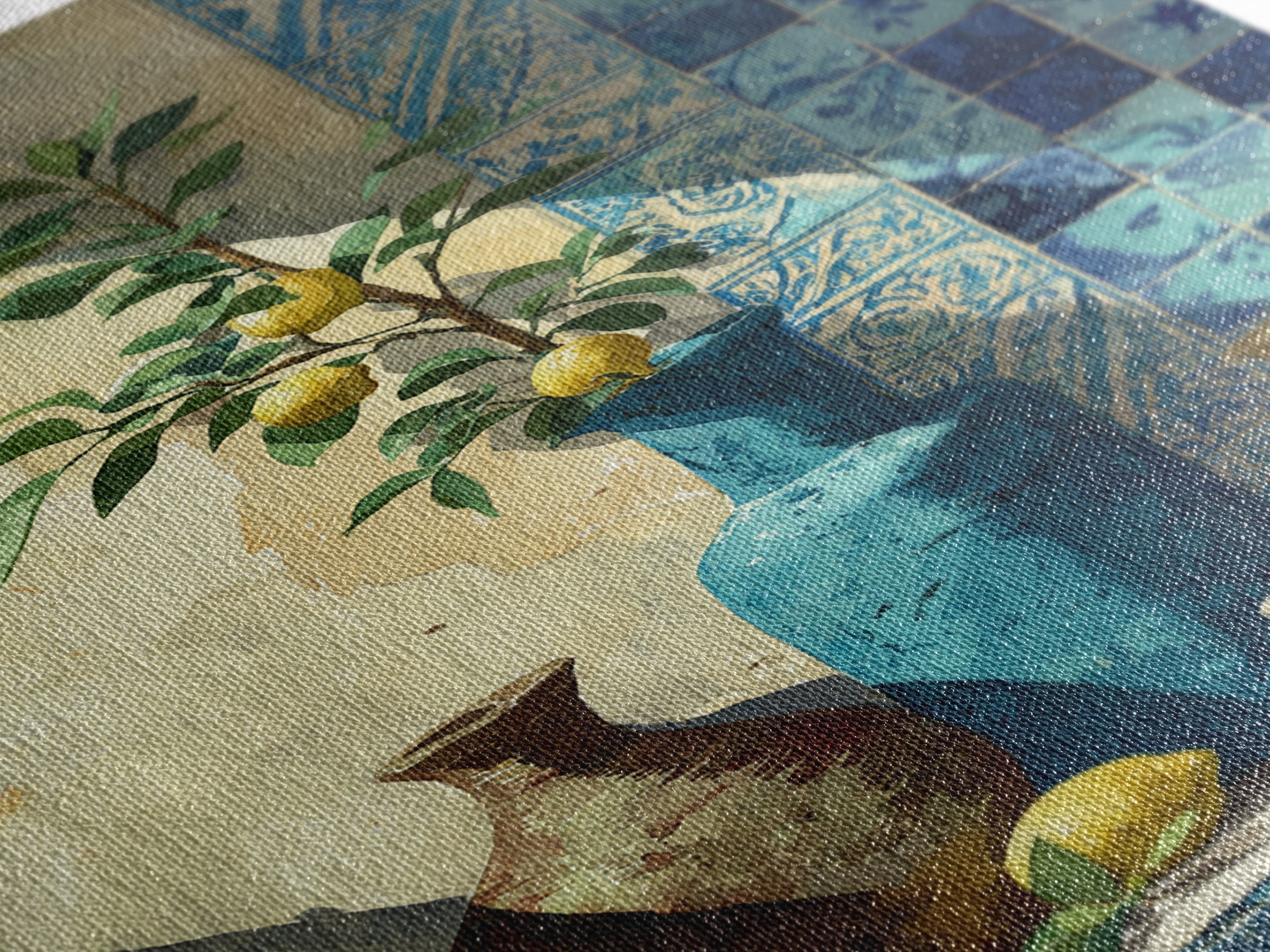 Lemon Branch in Blue Ceramic Vase Canvas Print, Italian Villa Art, Luxury Decor, Living Room Decor, Villa, Framed Wall Art, IVA-2x3-58