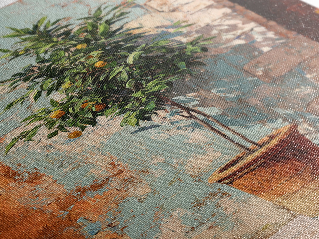 Orange Tree in a Courtyard Planter Framed Canvas Print, Italian Villa Art, Textured Painting, Living Room Decor, Villa, IVA-2x3-94