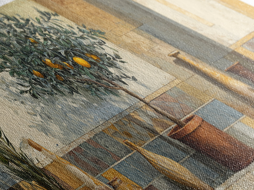 Orange Tree in a Courtyard Planter Canvas Print, Italian Villa Art, Statement Artwork, Living Room Decor, Fine Art, Villa, IVA-3x1-78