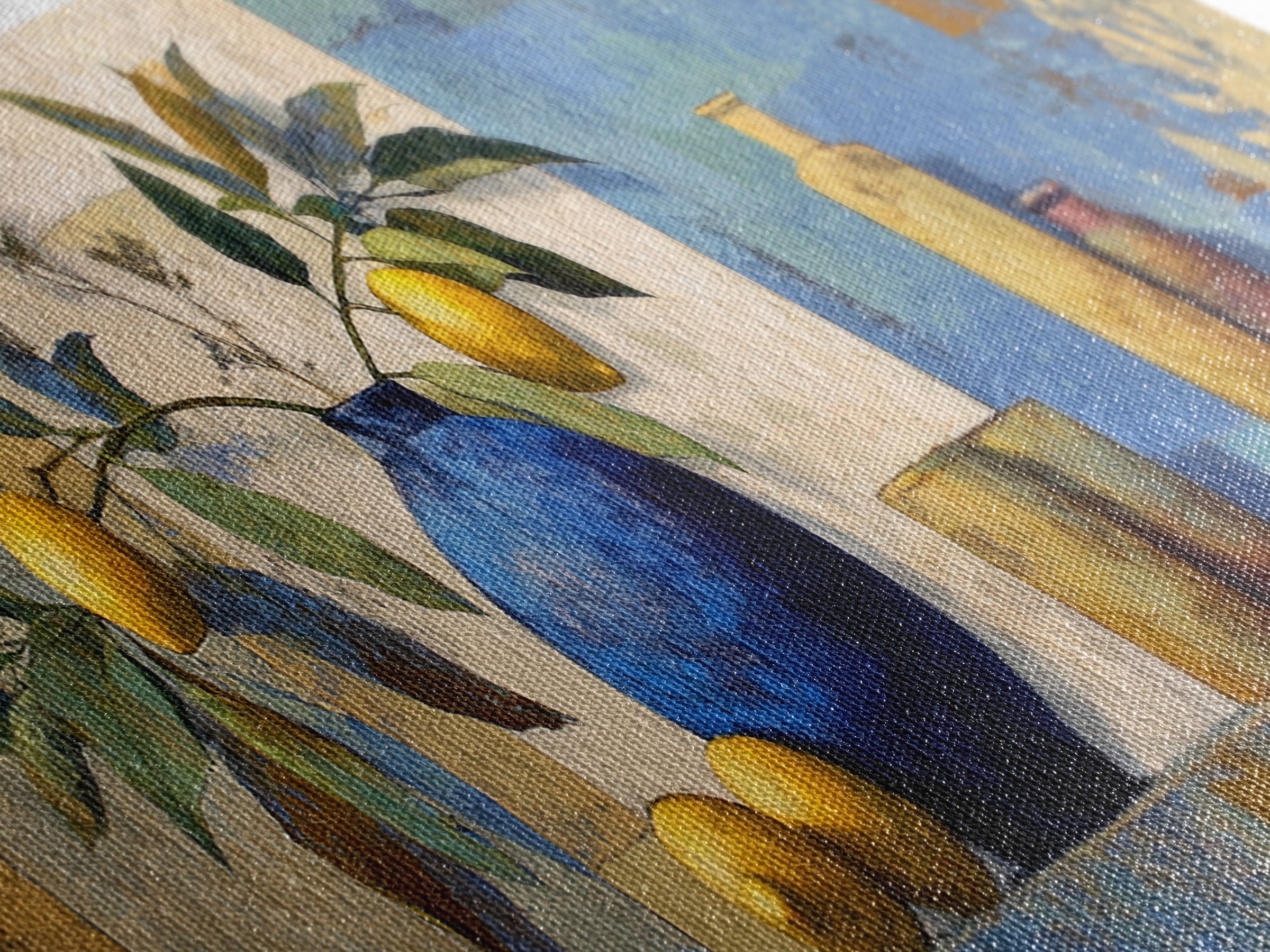 Lemon Branch in Blue Ceramic Vase Framed Canvas Print, Italian Villa Art, Bedroom Wall Art, Living Room Decor, Fine Art, Villa, IVA-3x1-90