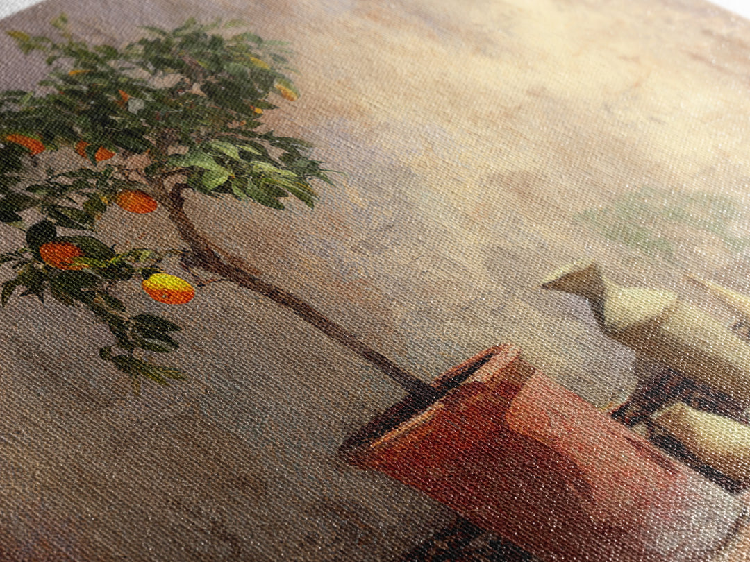 Orange Tree in a Courtyard Planter Framed Canvas Print, Italian Villa Art, Textured Painting, Living Room Decor, Villa, IVA-3x2-18