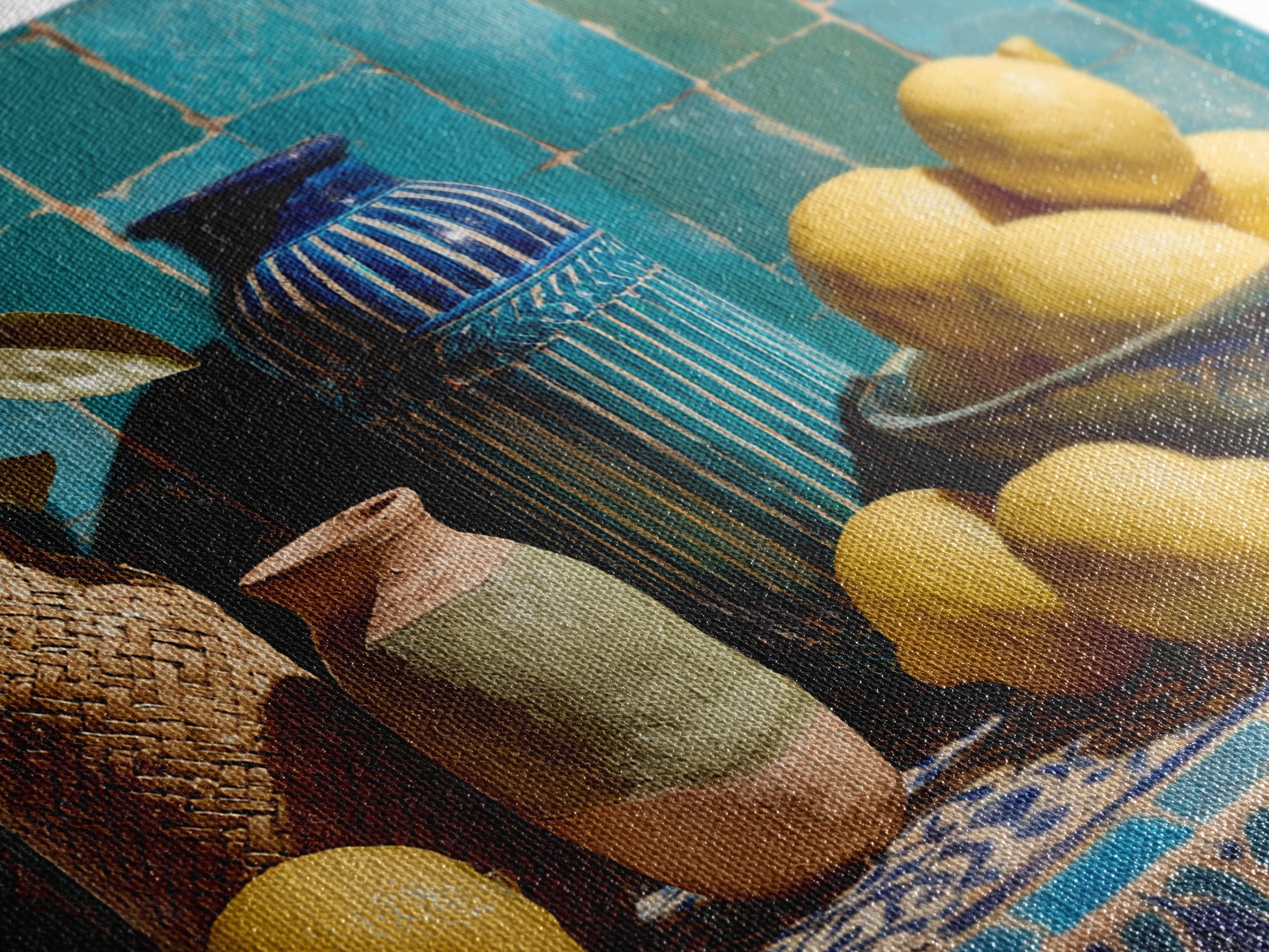 Coastal Lemons and Striped Cloth Arrangement Canvas Print, Italian Villa Art, Gallery Decor, Living Room Decor, Oil Painting, IVA-3x2-4