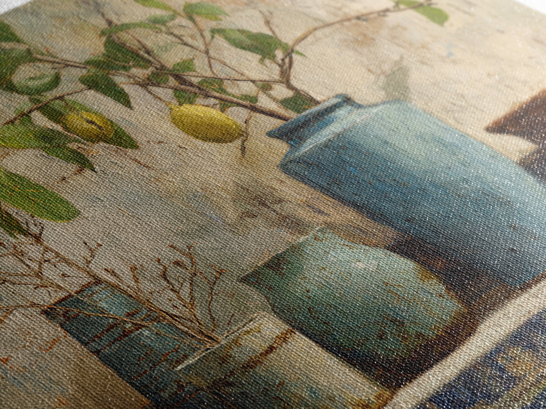 Lemon Branch in Blue Ceramic Vase Canvas Print, Italian Villa Art, Large Wall Art, Living Room Decor, Oil Painting, Villa, IVA-3x2-54