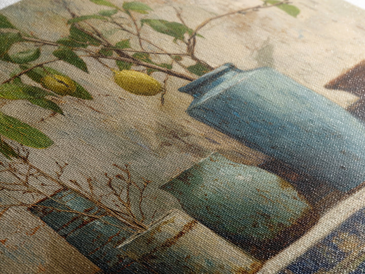 Lemon Branch in Blue Ceramic Vase Canvas Print, Italian Villa Art, Large Wall Art, Living Room Decor, Oil Painting, Villa, IVA-3x2-54