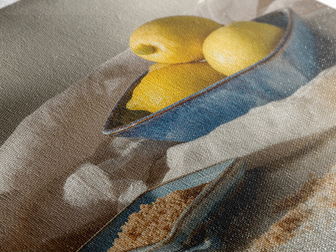 Lemons and Blue Ceramic Bowl Still Life Canvas Print, Kitchen Art, Trendy Wall Art, Kitchen Decor, Fine Art, Kitchen, KIT-1x1-26