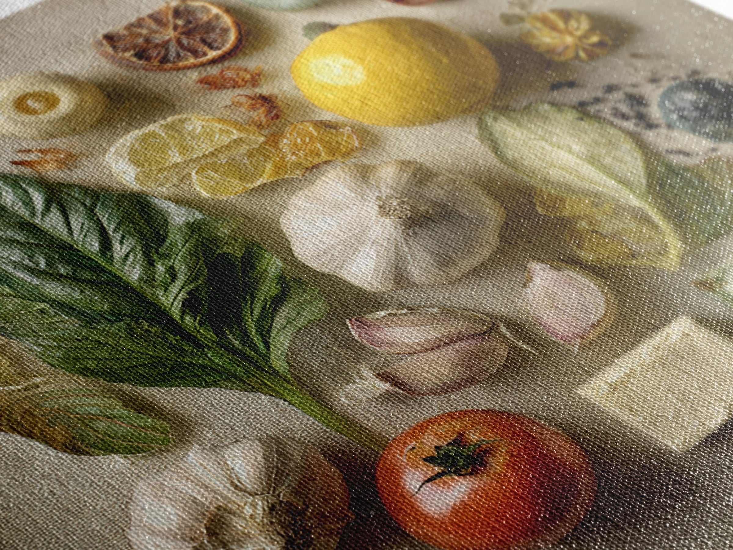 Tomatoes Garlic and Basil on Linen Canvas Print, Kitchen Art, Digital Wall Art, Kitchen Decor, Kitchen, Kitchen Prints, KIT-1x1-3