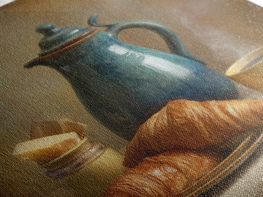 Coffee Pot and Croissant Morning Still Life Canvas Print, Kitchen Art, Kitchen Decor, Fine Art, Kitchen, Kitchen Art Print, KIT-1x1-31