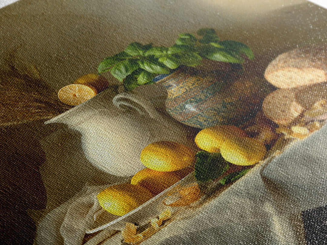 Pasta Lemons and Basil Mediterranean Still Life Framed Canvas Print, Kitchen Art, Gallery Decor, Kitchen Decor, Kitchen, KIT-1x1-41