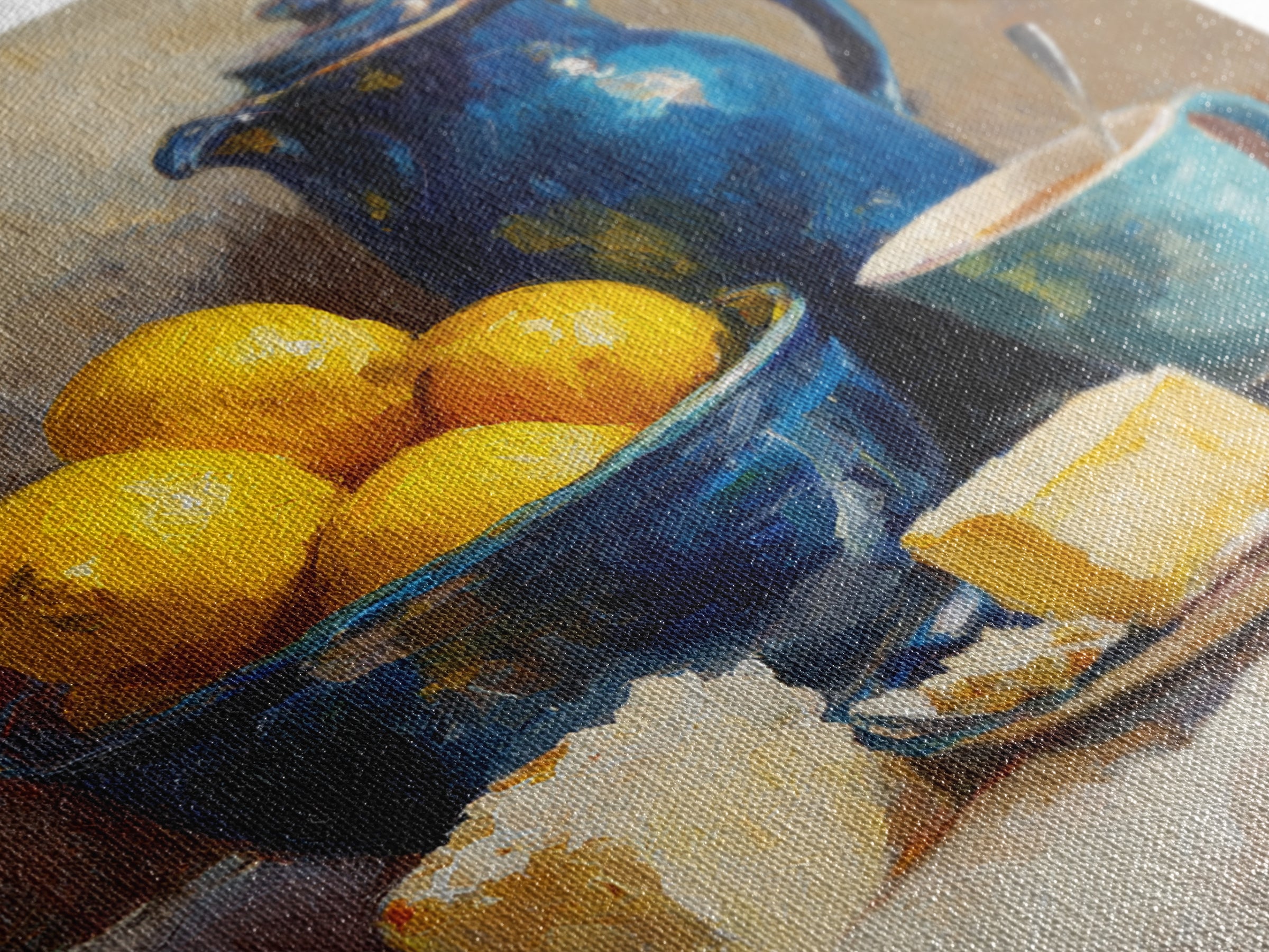 Lemons and Blue Ceramic Bowl Still Life Canvas Print, Kitchen Art, Trendy Wall Art, Kitchen Decor, Fine Art, Kitchen, KIT-1x1-50