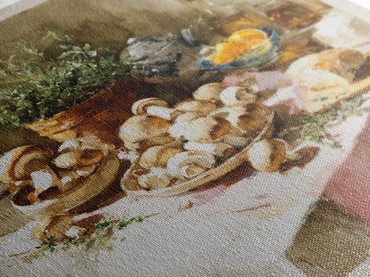 Mushrooms and Thyme Botanical Study Framed Canvas Print, Kitchen Art, Bar Cart Decor, Kitchen Decor, Oil Painting, Kitchen, KIT-1x1-63