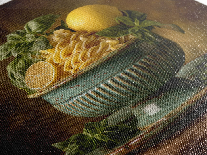 Pasta Lemons and Basil Mediterranean Still Life Framed Canvas Print, Kitchen Art, Gallery Decor, Kitchen Decor, Kitchen, KIT-1x1-65