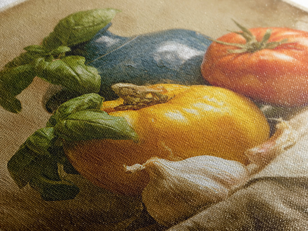 Tomatoes Garlic and Basil on Linen Canvas Print, Kitchen Art, Modern Decor, Kitchen Decor, Abstract Art, Kitchen, Home Decor, KIT-1x1-75