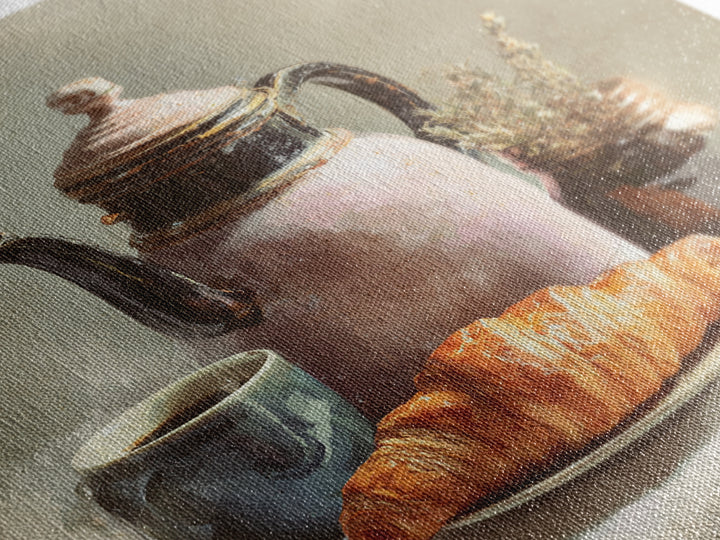 Coffee Pot and Croissant Morning Still Life Framed Canvas Print, Kitchen Art, Fine Art Print, Kitchen Decor, Oil Painting, KIT-1x1-79