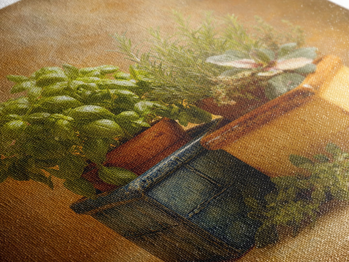 Fresh Herbs in Terracotta Pots Canvas Print, Kitchen Art, Wall Art, Kitchen Decor, Oil Painting, Kitchen, Kitchen Wall Art, KIT-1x1-97