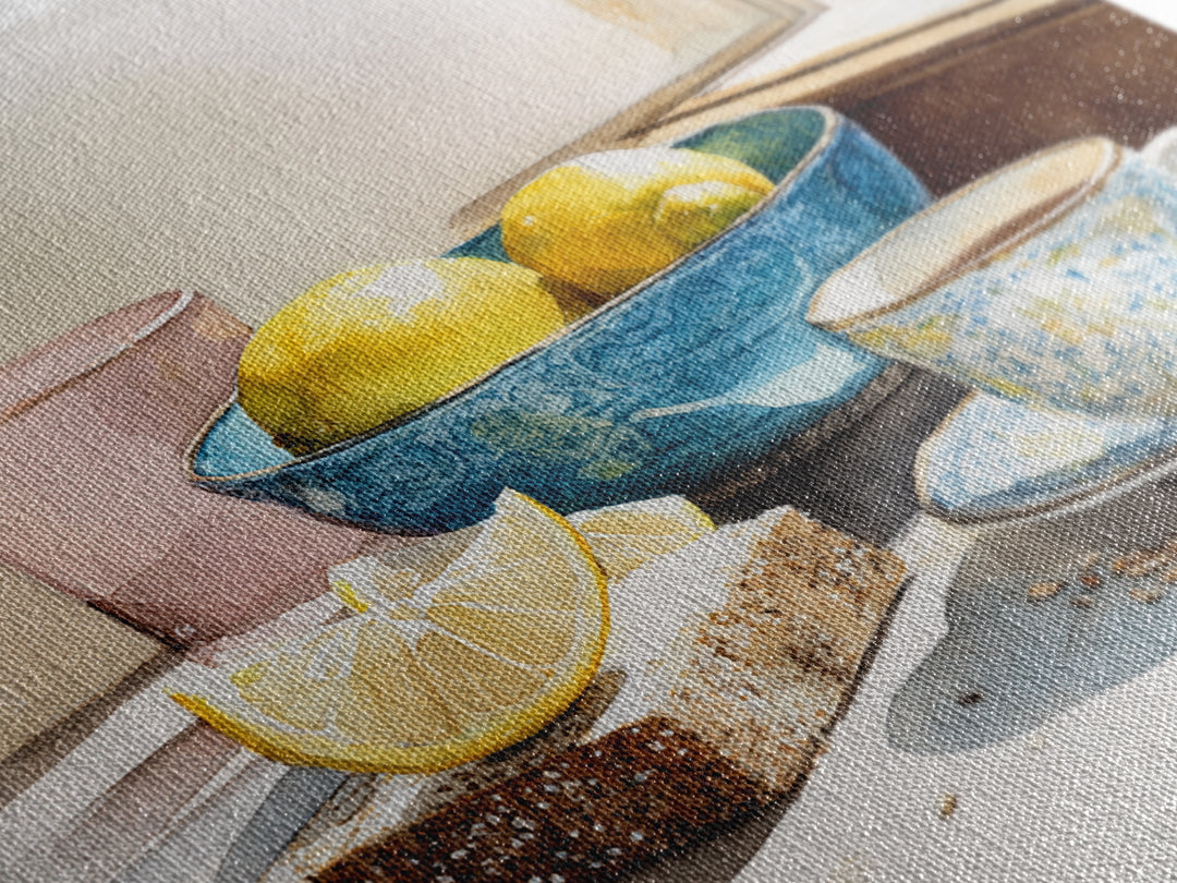 Lemons and Blue Ceramic Bowl Still Life Canvas Print, Kitchen Art, Boho Decor, Kitchen Decor, Fine Art, Kitchen, Wall Decor, KIT-1x1-98